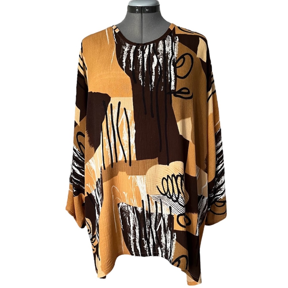 Abstract-Print Oversized Tunic in Mustard and Brown